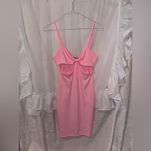 Bright Pink Body Con Spaghetti Strap Dress w/ cut outs and adjustable straps. - Picture 4 of 5